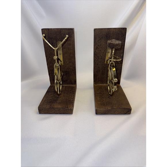 Vintage Bicycle Book Ends Wood Gold Metal Pair Bookends Felt Bottom - Picture 4 of 6